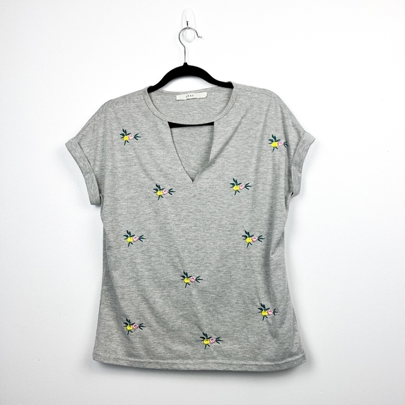 Luna Short Sleeve Tee with V Neck and Floral Embroidery - Picture 1 of 9